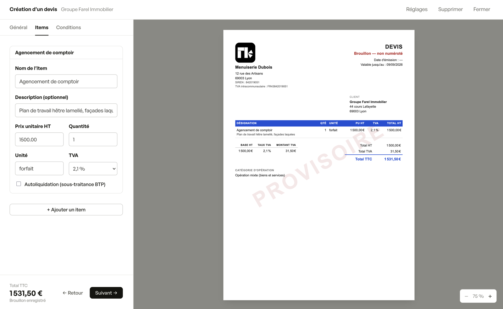 L'éditeur de devis minwi : les lignes à gauche, l'aperçu du PDF conforme à droite