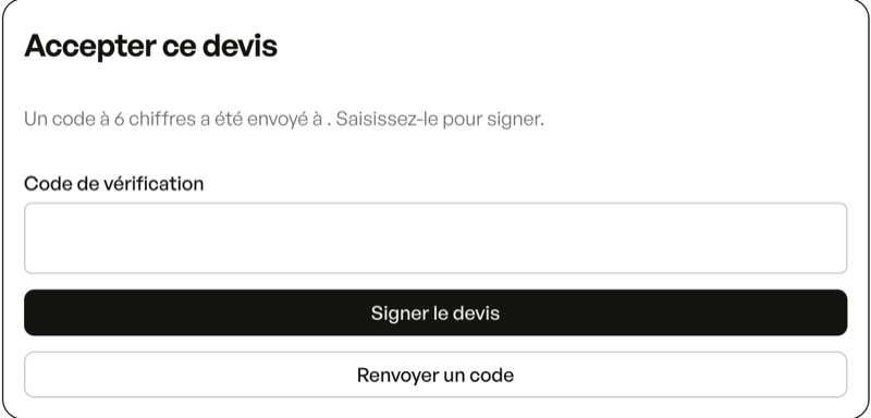 La signature en ligne : un code à 6 chiffres reçu par email, un bouton « Signer le devis »
